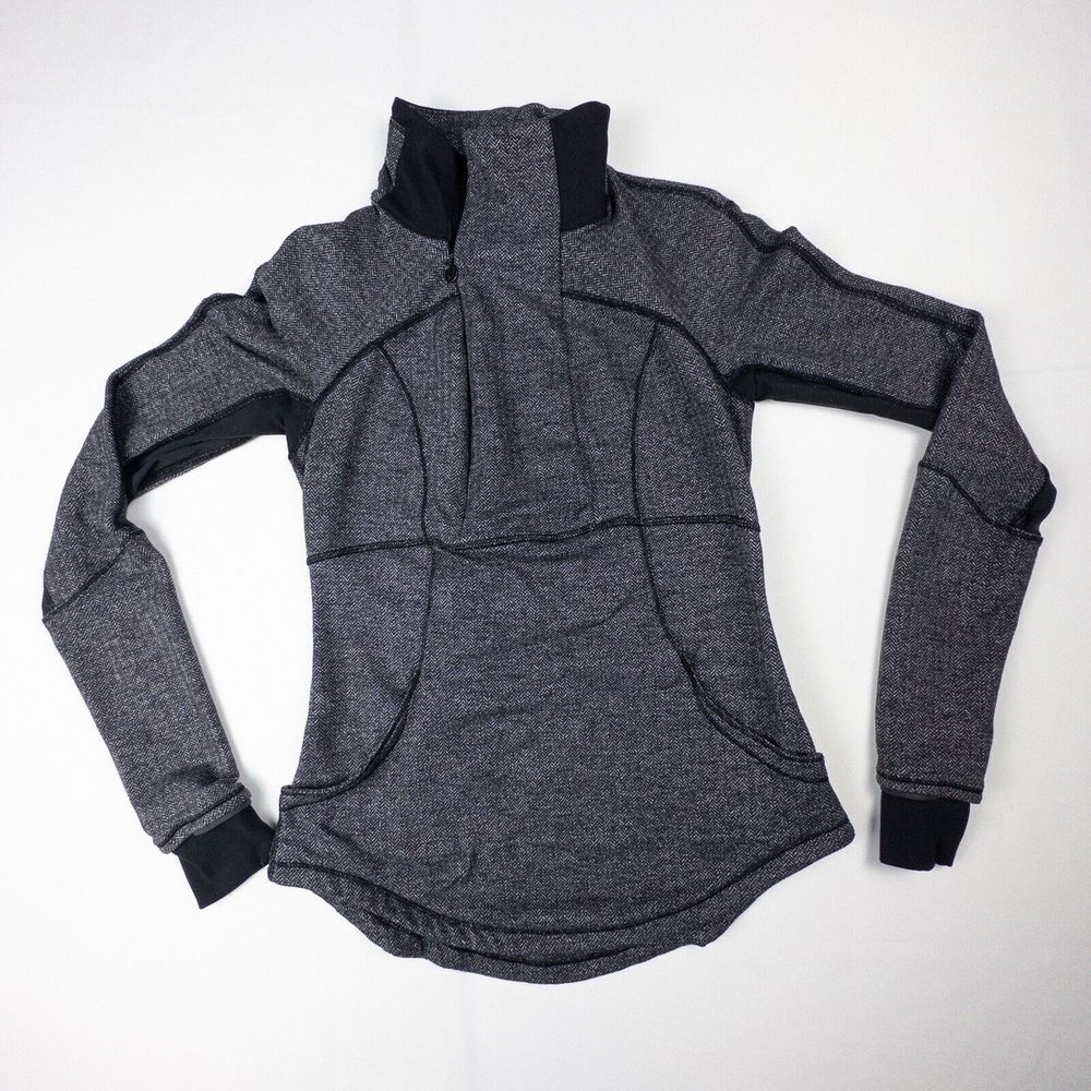 Lululemon Base Runner 1/2 Zip Heathered Herringbone Black Reflective Trim‎ Sz 6